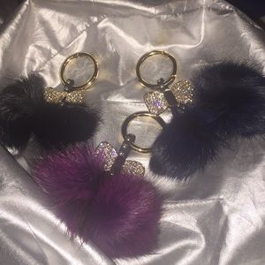 Fur Pom Pom & Rhinestones Bow Purse Charms/Key Ch.FIRM!!